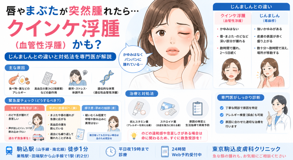 唇やまぶたが突然腫れたら「クインケ浮腫」かも？じんましんとの違いと対処法を専門医が解説