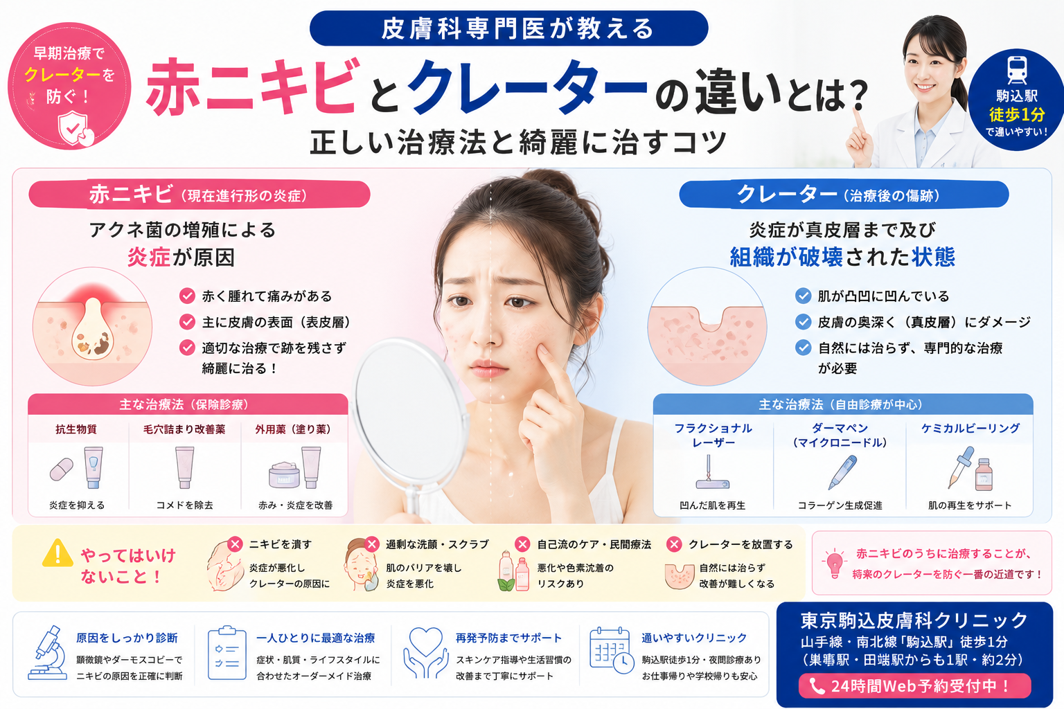 投稿についてもっと詳しく 赤ニキビとクレーターの違いとは？皮膚科専門医が教える正しい治療法と綺麗に治すコツ