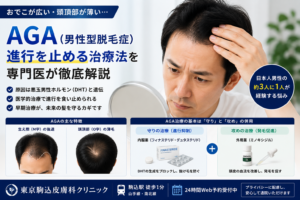 投稿についてもっと詳しく おでこが広い・頭頂部が薄い…「男性型脱毛症（AGA）」の進行を止める治療法を専門医が解説