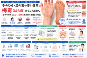 投稿についてもっと詳しく 手足の裏の赤い発疹は「梅毒（ばら疹）」かも？症状と正しい治療法を専門医が解説
