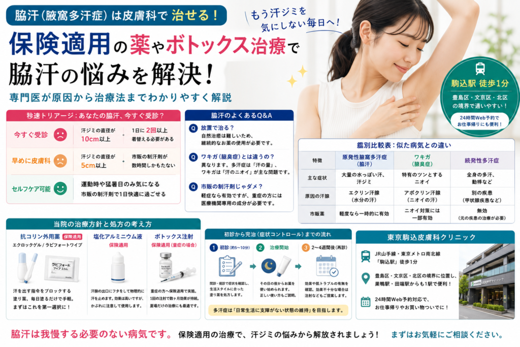 脇汗（腋窩多汗症）は皮膚科で治せる？保険適用の薬やボトックス治療を専門医が解説